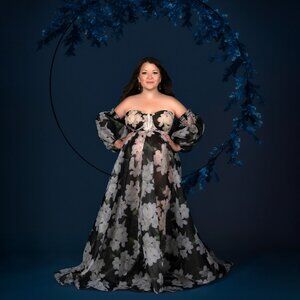 KH Fashion Dark Blue Floral Maternity Gown – Detachable Sleeves – Adjustable Bac